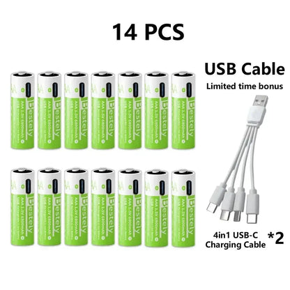 Pro 1.5V AAA 6800mAh Rechargeable Battery, Type-C Fast Charging Li-ion Batteries, 2000 Cycles LED Indicator with Cable