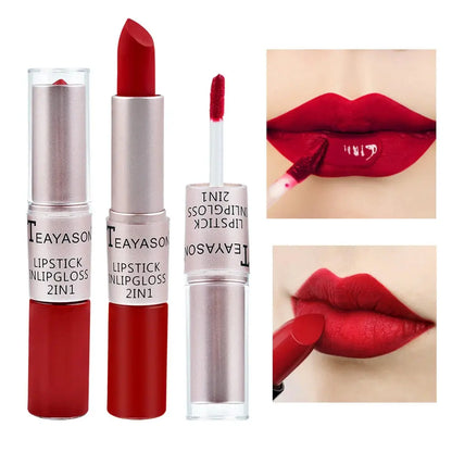 1Pc Long Lasting Velvet Matte Lipstick Double Head Lip Gloss Non-stick Cup Lip Gloss Waterproof 2 in 1 Matte Red Lipstick Makeup