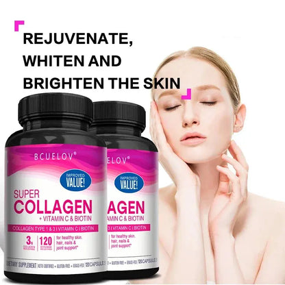 Collagen + Vitamin C plus Biotin, Anti-Aging Support, Antioxidant, Brightener, Skin, Hair & Nails Supplement, 120 Capsules
