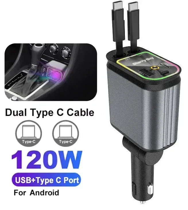 5-in-1 180W Car Fast Charger USB Type-C Power Adapter Retractable Phone Charger With Roof Starlight For IOS Android Phones