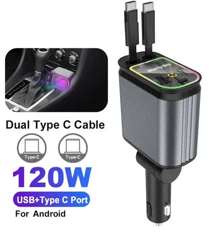 5-in-1 180W Car Fast Charger USB Type-C Power Adapter Retractable Phone Charger With Roof Starlight For IOS Android Phones