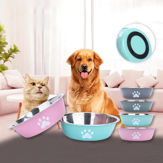 Stainless steel dog basin paw print pet supplies cat bowl dog bowl silicone anti-slip design pet drinking water feeding bowl