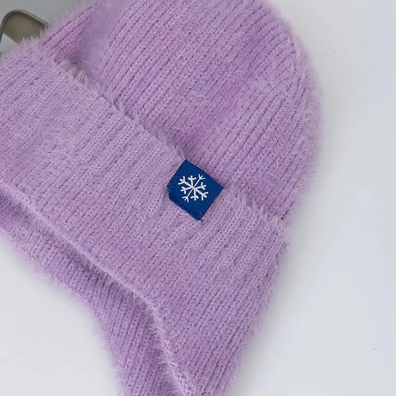 Women's Winter Earflap Beanie Hat Candy Colors Faux Fur Knitted Kpop Style Soft Streetwear Cap Casual Solid Color Skullies