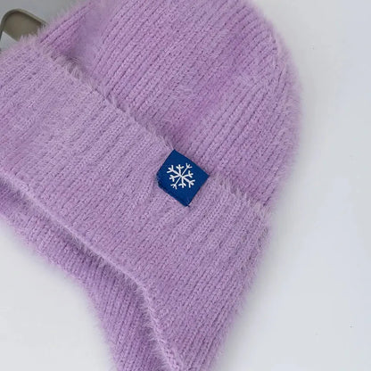 Women's Winter Earflap Beanie Hat Candy Colors Faux Fur Knitted Kpop Style Soft Streetwear Cap Casual Solid Color Skullies