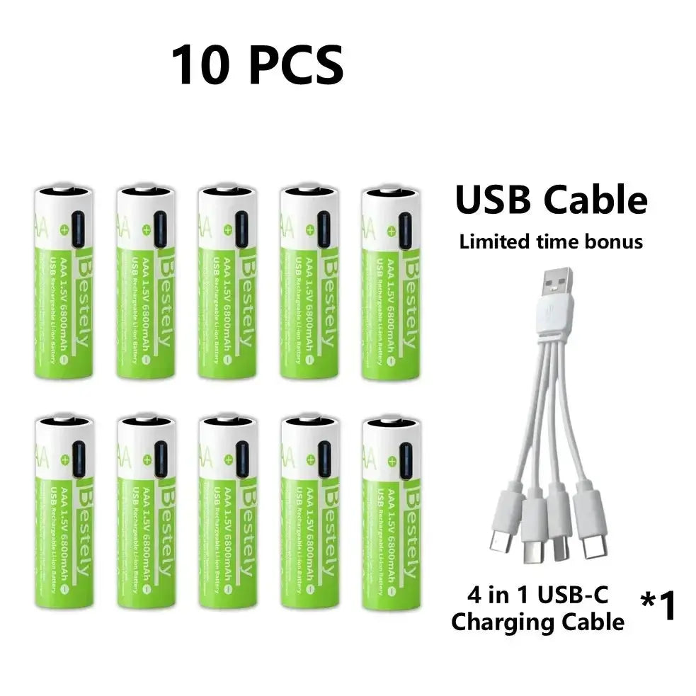 Pro 1.5V AAA 6800mAh Rechargeable Battery, Type-C Fast Charging Li-ion Batteries, 2000 Cycles LED Indicator with Cable
