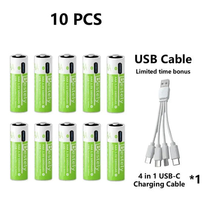 Pro 1.5V AAA 6800mAh Rechargeable Battery, Type-C Fast Charging Li-ion Batteries, 2000 Cycles LED Indicator with Cable