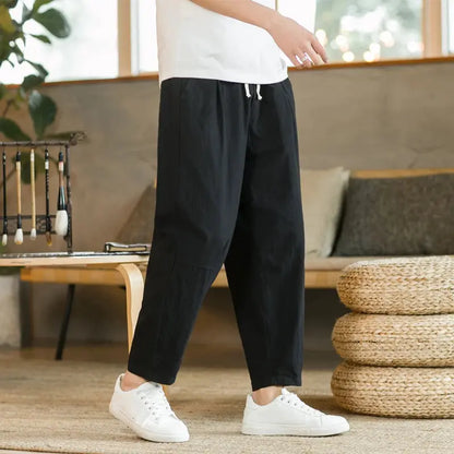 Men's Trousers Cotton Linen Fashion Casual Pants Solid Color Breathable Loose Shorts Straight Drawstring Pants Streetwear Men Shoporiz