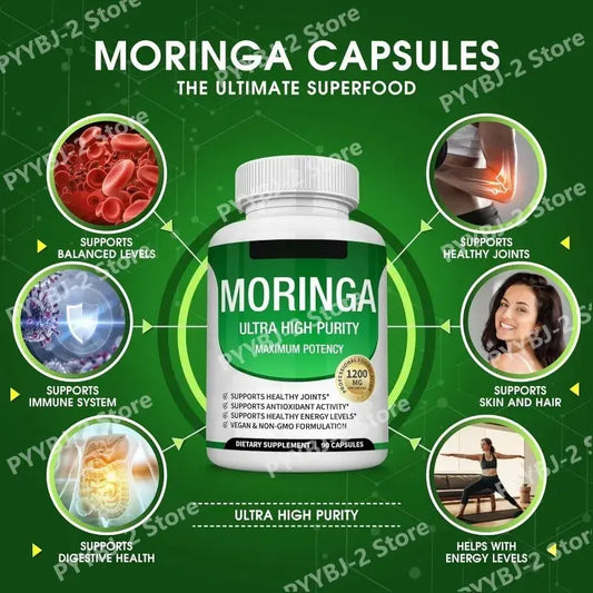 Moringa Capsules 1200mg Pure Moringa Powder Oleifera Leaf Superfood Rich in Antioxidant Skin Health Immune Support Natural