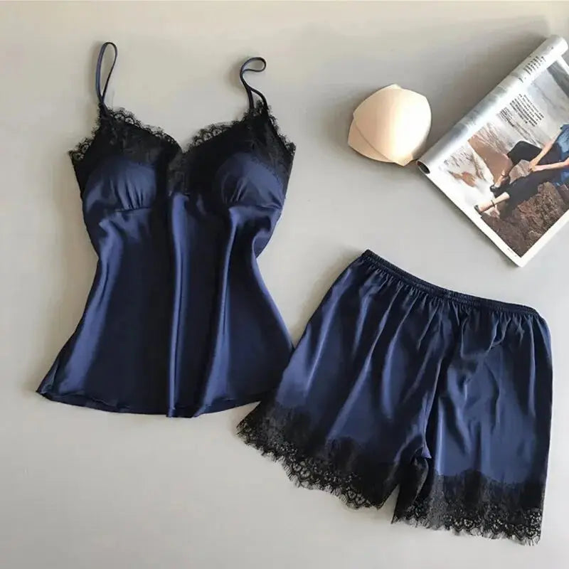 Women Pajama Suit Fashion V-Neck Stretch Satin Babydoll Lace Sexy Lingerie Bowknot Pyjamas Sleep Shorts Set Sleepwear