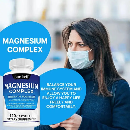 Magnesium Complex Supplement 8 Elemental 1000mg, Chelated for Easy Absorption for Bones, Muscle, Recovery, Energy, 120 Capsules