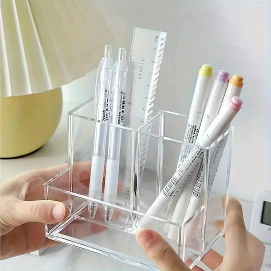 1pc The Transparent Acrylic Three-compartment Pen Holder for Desk Renovation, Student Desktop Storage Box