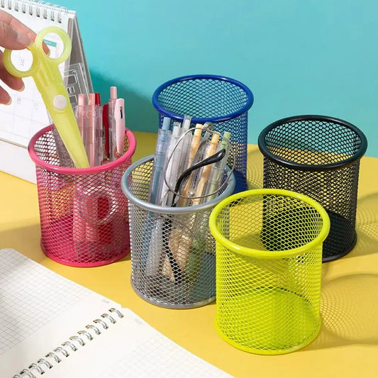 Multifunctional Mesh Pen Pot Round/Square Desk Tidy Stationery Organizer Black Red Green Blue Silver Metal Pencil Storage Holder