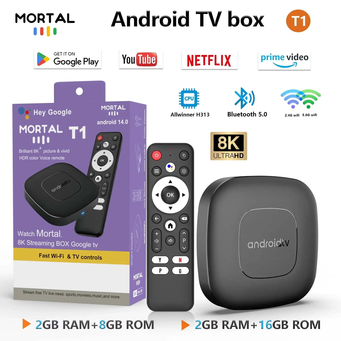 Mortal T1 4K Smart Streaming Media Player Android 14 2.4G&5G Wifi Dual-Band Voice Assistant BT5.0 Allwinner H313 TV Box Shoporiz