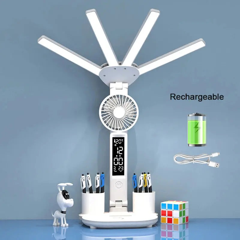 Rechargeable Table Lamp for Study, Desk Lamp Reading Light Led Table Light with Fan, Led Clock Dispaly Reading Lamp Shoporiz
