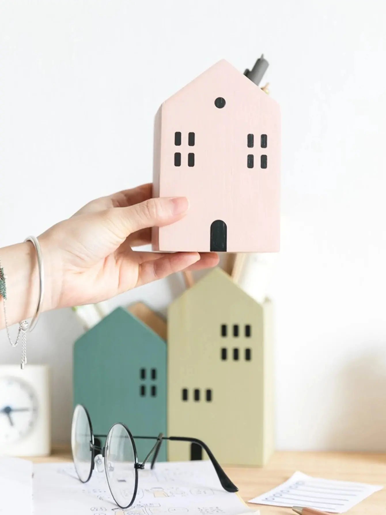 Cartoon House Wooden Pen Holder Pencil container Stationery storage box Student/ Office Desktop Storage Organizer