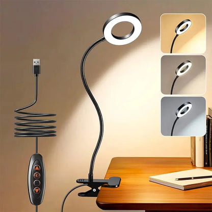 Dimmable Reading Desk Lamp with 3 Modes 10 Levels USB Clamp 360° Flexible Clip for Bedside Modern Iron LED Desk Lamp