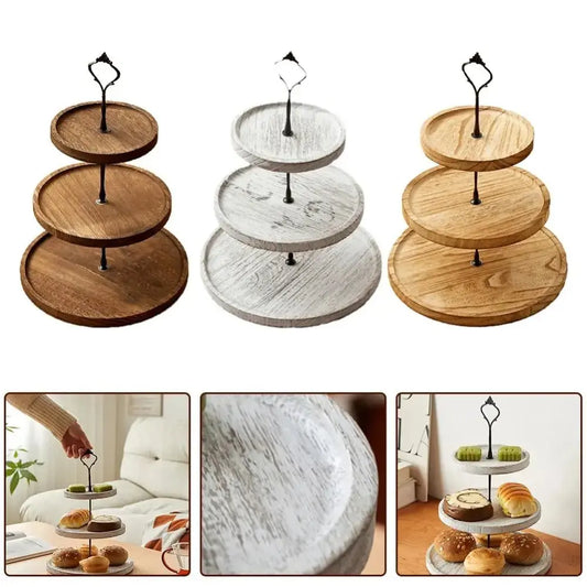 2/3-Layer Wooden Cupcake Stand Decorative Sturdy Cake Serving Tray Widely Use with Handle Round Tiered Fruit Plate Home Use