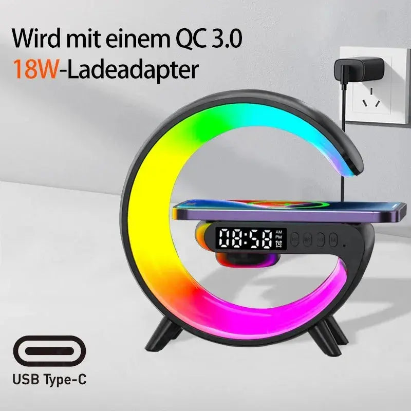 Multi-Functional (No Battery) Device Wireless Charger + Bluetooth Speaker RGB LED Alarm Clock Ambient Light For iPhone 12-17 Shoporiz