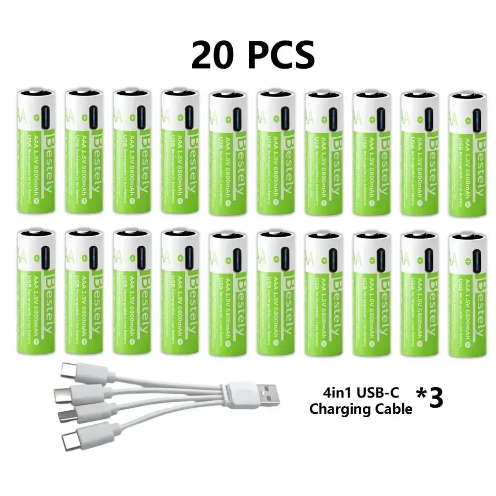 Pro 1.5V AAA 6800mAh Rechargeable Battery, Type-C Fast Charging Li-ion Batteries, 2000 Cycles LED Indicator with Cable