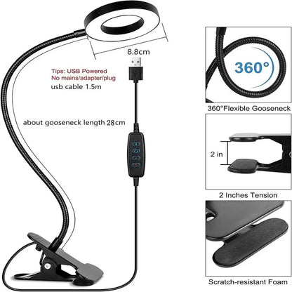Dimmable Reading Desk Lamp with 3 Modes 10 Levels USB Clamp 360° Flexible Clip for Bedside Modern Iron LED Desk Lamp