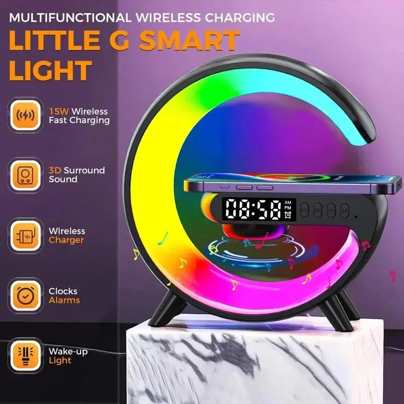 Multi-Functional (No Battery) Device Wireless Charger + Bluetooth Speaker RGB LED Alarm Clock Ambient Light For iPhone 12-17 Shoporiz