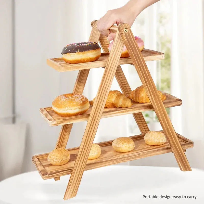 Wooden Three-Layer Serving Trays, Cupcake Stand, Fruit Cake Stand, Dessert Serving Tray, Detachable Rectangle Platter, 3 Tiered