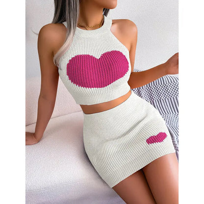 Women's 2 Piece Heart Knit Outfits Backless Halter Crop Tops & Mini Bodycon Skirt Shoporiz