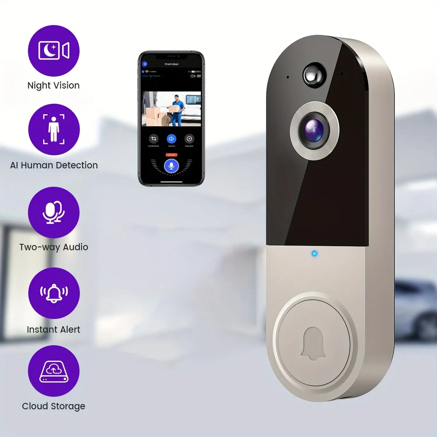 1440P Wireless Smart Doorbell, WiFi Camera, Night Vision Function, Artificial Intelligence Snapshot, Rechargeable Battery, Photo And Video Taking, Two-way Intercom, Local Storage