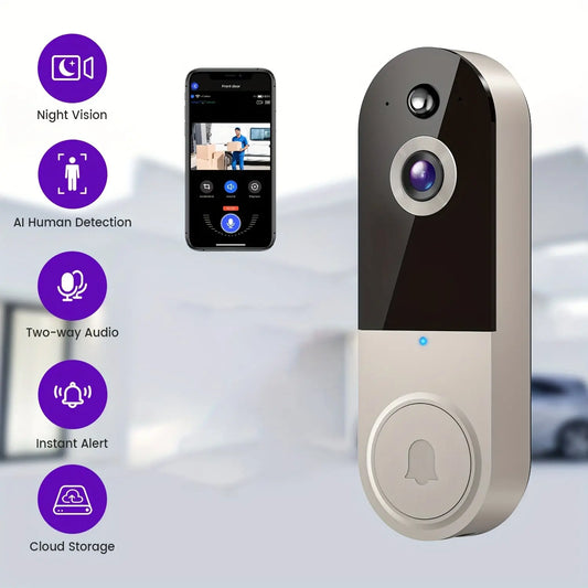1440P Wireless Smart Doorbell, WiFi Camera, Night Vision Function, Artificial Intelligence Snapshot, Rechargeable Battery, Photo And Video Taking, Two-way Intercom, Local Storage