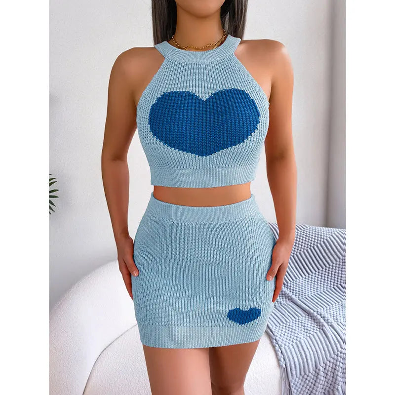 Women's 2 Piece Heart Knit Outfits Backless Halter Crop Tops & Mini Bodycon Skirt Shoporiz