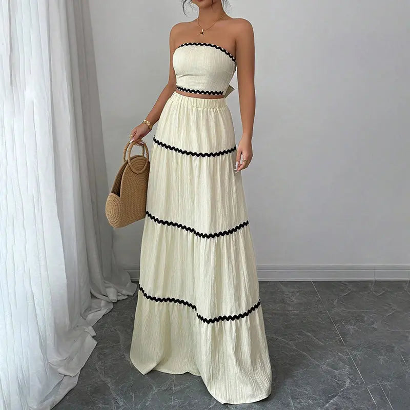 Women's Summer 2-Piece Set, Strapless Tube Top & Flared Ruffle Skirt Shoporiz