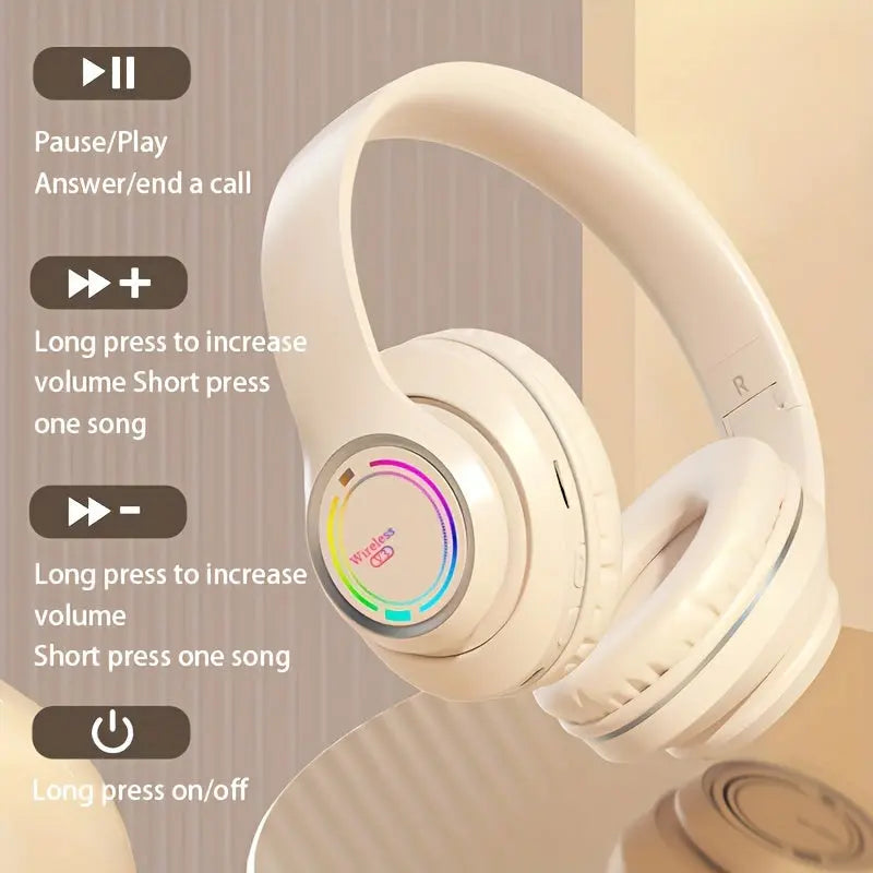Glowing Wireless Headphones with Multi-Color LED Lights Comfortable And Foldable Design Suitable for Tablets Pcs Tvs And Phones
