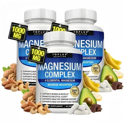 3 Bottles of Nutrition Magnesium Complex 1000mg 90 Capsules for Bone Muscle Sleep Immune Support with Malate Taurate Chelated for Easy Absorption