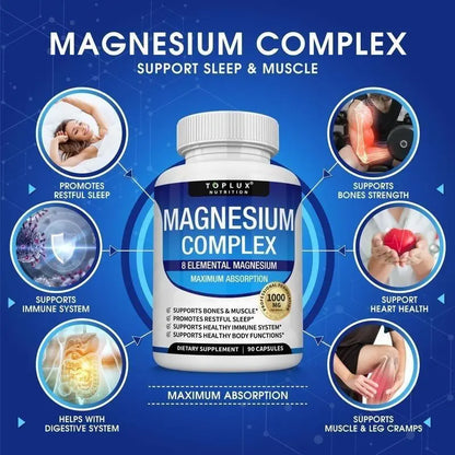 3 Bottles of Nutrition Magnesium Complex 1000mg 90 Capsules for Bone Muscle Sleep Immune Support with Malate Taurate Chelated for Easy Absorption