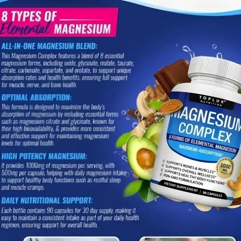 3 Bottles of Nutrition Magnesium Complex 1000mg 90 Capsules for Bone Muscle Sleep Immune Support with Malate Taurate Chelated for Easy Absorption