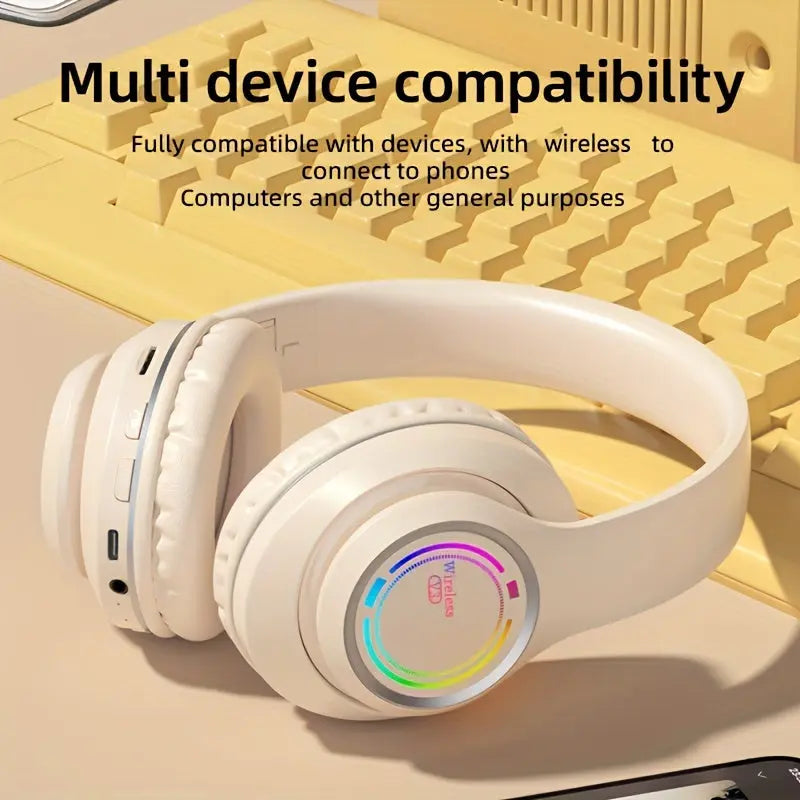 Glowing Wireless Headphones with Multi-Color LED Lights Comfortable And Foldable Design Suitable for Tablets Pcs Tvs And Phones