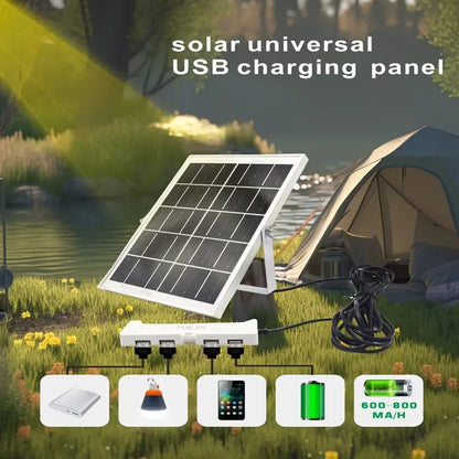 Portable 4-Port Solar Panel Charger with USB Ports, 600-800mAh Output, 5m Cable, Universal Compatibility for Smartphones and Tablets