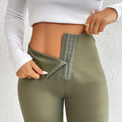 Women'S High-Waist Double-Breasted Tummy Control Leggings - Thickened, Stretchy, Button Closure, Olive Green, Long Length, All-Season Skinny Jeans for Butt Lifting & Belly Smoothing