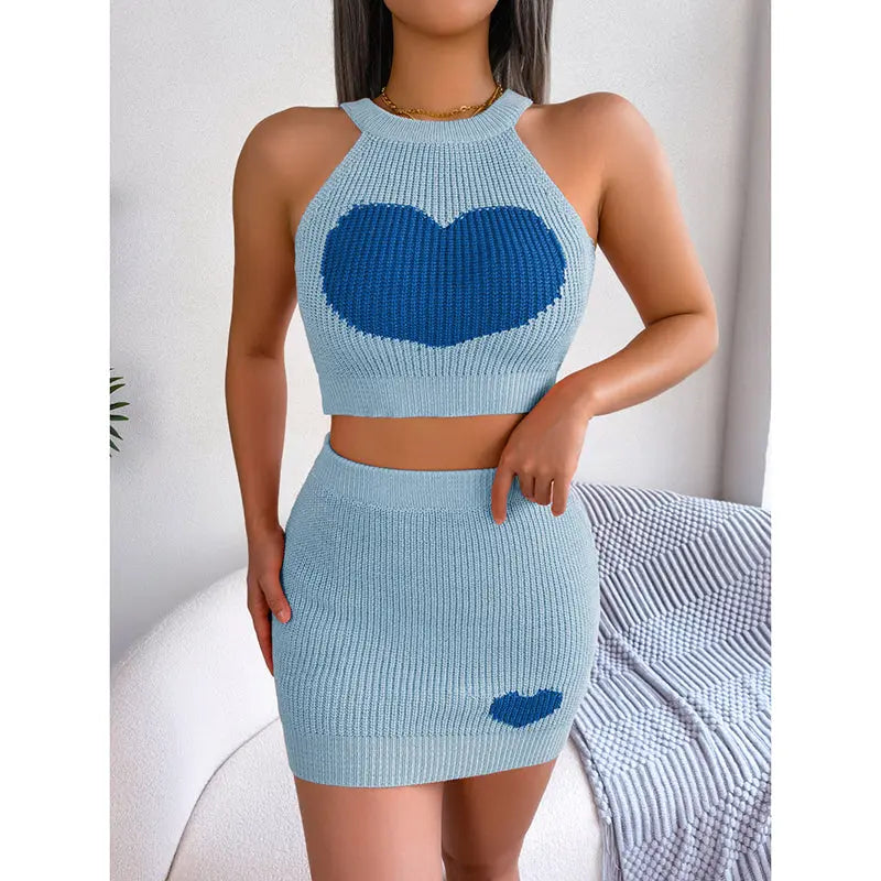 Women's 2 Piece Heart Knit Outfits Backless Halter Crop Tops & Mini Bodycon Skirt Shoporiz