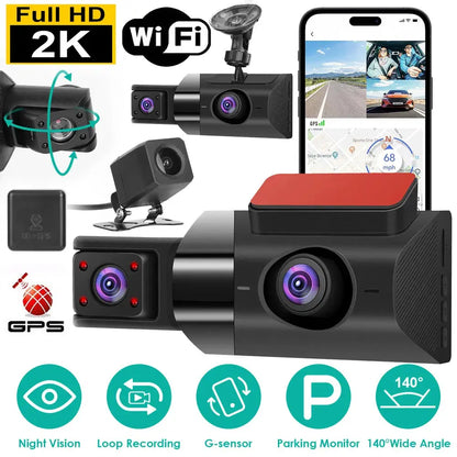 2K Car DVR 3 Channel Dash Cam Camcorder Camera Recorder With 140 Angle GPS WiFi Night Vision G-sensor Loop Recording Parking Monitor Shoporiz